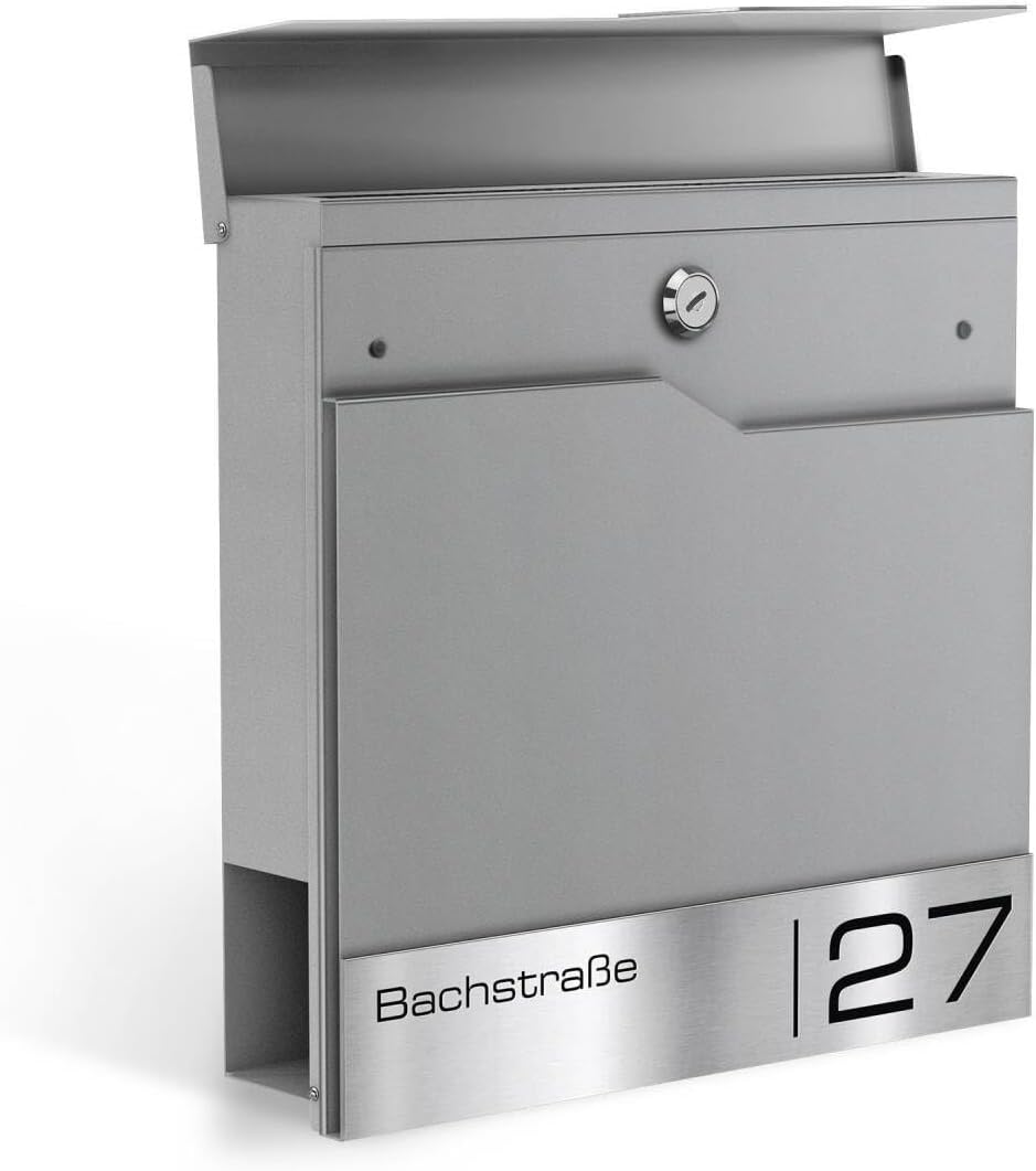 Metzler Standbriefkasten in Graualuminium - Pulverbeschichtet &amp; mit Zeitungsfach - Inkl. Edelstahl S