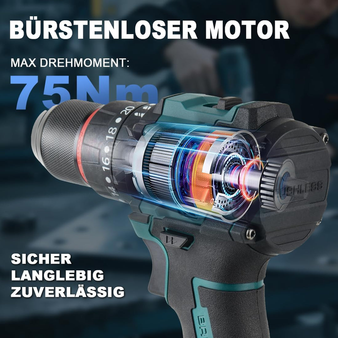 Akku Schlagbohrschrauber Kompatibel mit Bosch 18V Bürstenloser Bohrschrauber 20+3 Drehmomentstufen 7