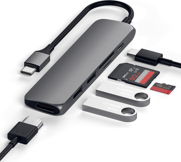 SATECHI 6-in-1 USB-C Hub Slim, Multiport-Adapter, Dockingstation mit 4K HDMI, 60W Power Delivery, 2X