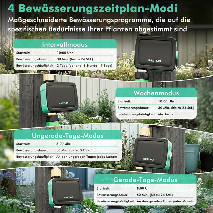 RESTMO Bewässerungscomputer 1 Ausgänge, Bluetooth Bewässerungstimer | App-Steuerung, 3 Modi (auto/ma