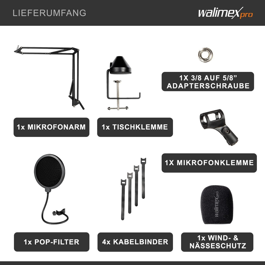 Walimex pro Mikrofon Arm mit 3/8" bis 5/8" Adapter, einstellbare Mikrofon Halterung mit Pop Schutz,