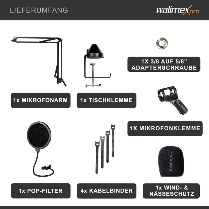 Walimex pro Mikrofon Arm mit 3/8" bis 5/8" Adapter, einstellbare Mikrofon Halterung mit Pop Schutz,