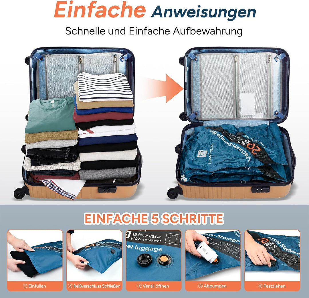 travel inspira Vakuumbeutel für Kleidung mit Kabelloser Vakuumpumpe, 9er Set Vakuumbeutel Reise, Oxf