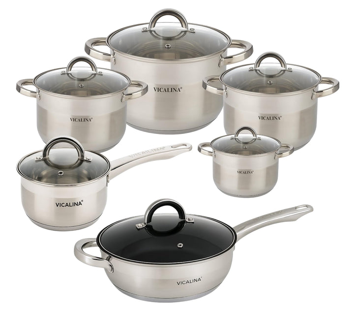 Edelstahl Kochtopf Set 12-teilig mit Glasdeckel – Induktionsgeeignetes Topfset – Spülmaschinenfest &amp;