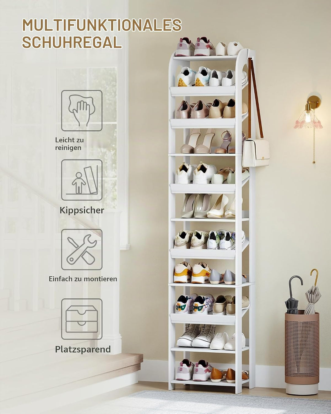 Hzuaneri Vertikales Schuhregal, 11 Ebenen Schmale Schuhregale, Holz-Schuh-Organizer für Schrank, Ein
