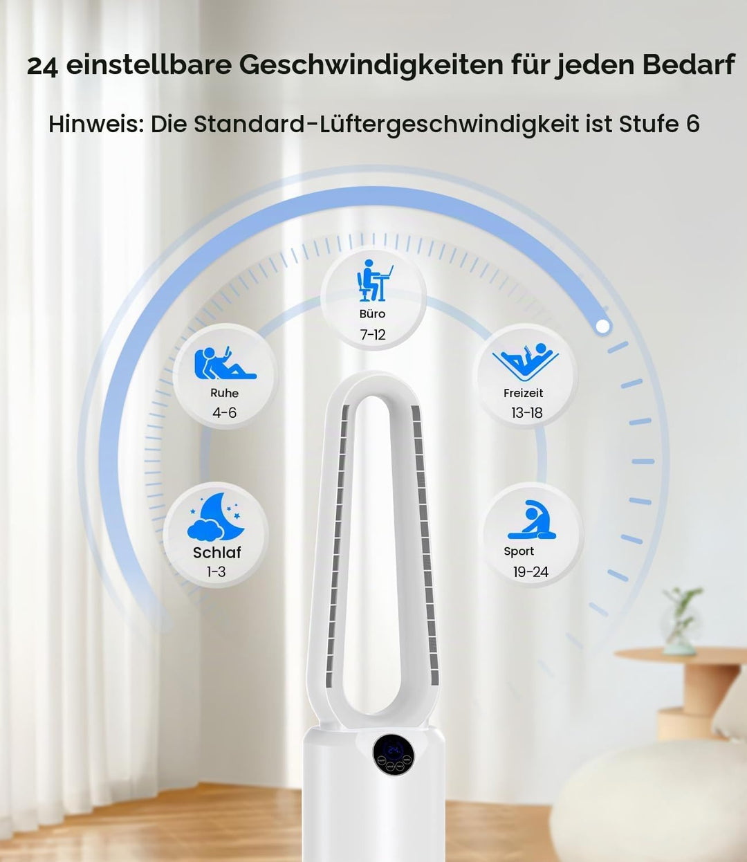 Rotorloser Ventilator Turmventilator ohne Rotorblätter, 24 Geschwindigkeiten, leiser Ventilator mit