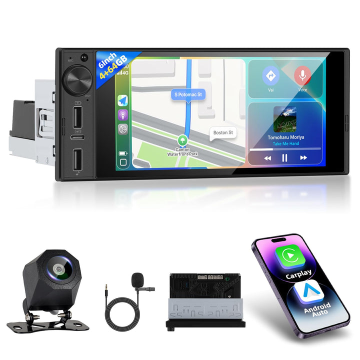 4GB+64GB 1 Din Autoradio mit Kabellosen CarPlay, 6 Zoll Bildschirm Touchscreen Android Auto Stereo m