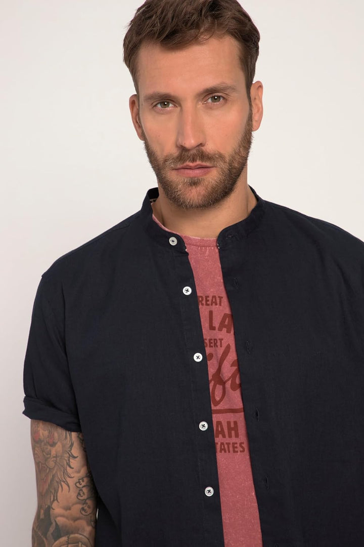 JP 1880 Herren, Halbarm, Leinenmix, Stehkragen, Modern Fit Hemd 5XL Navy Blau, 5XL Navy Blau