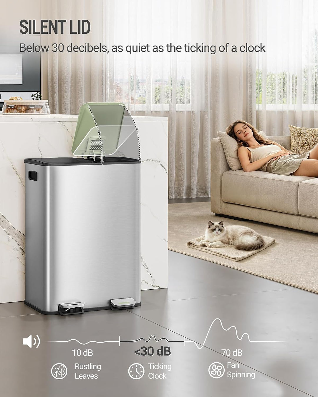 Hzuaneri Mülleimer Küche, 2 x 30 L, Mülltrennsystem 2 Fächer, Mülleimer mit Farbigem Soft-Close-Deck