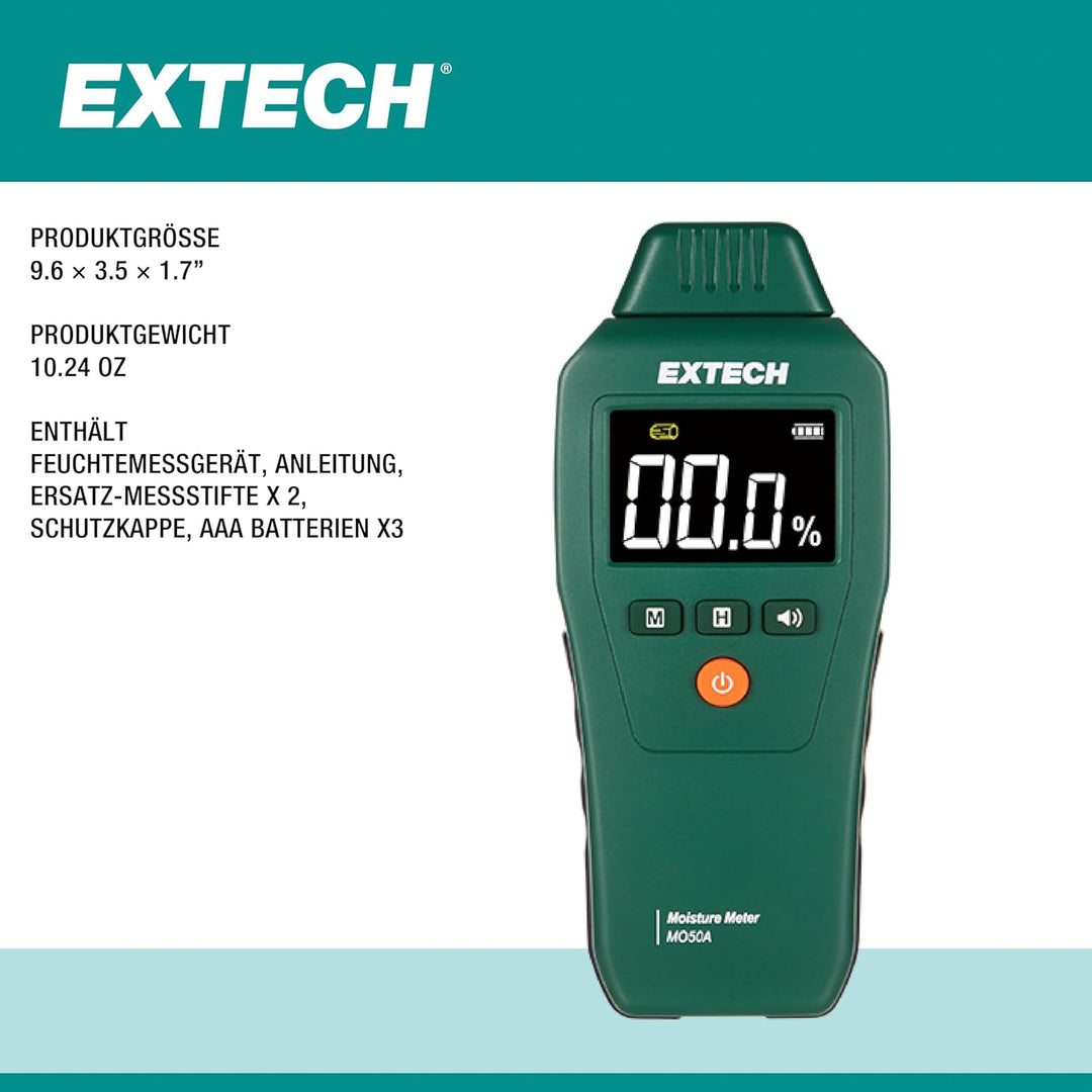 Extech MO50A Kompakter Pin-Feuchtigkeitsmesser, Alarm, LCD | Feuchtigkeit Holz (5-50%) und Baumateri
