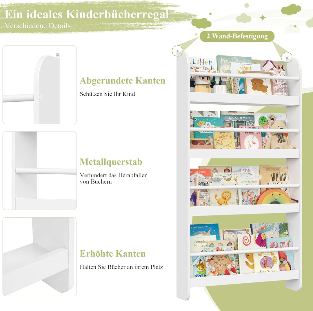 FOREHILL Bücherregal Kinder, Wandregal mit 4 Ablagen, Kinderregal für Bücher Spielzeug, Hängeregal D