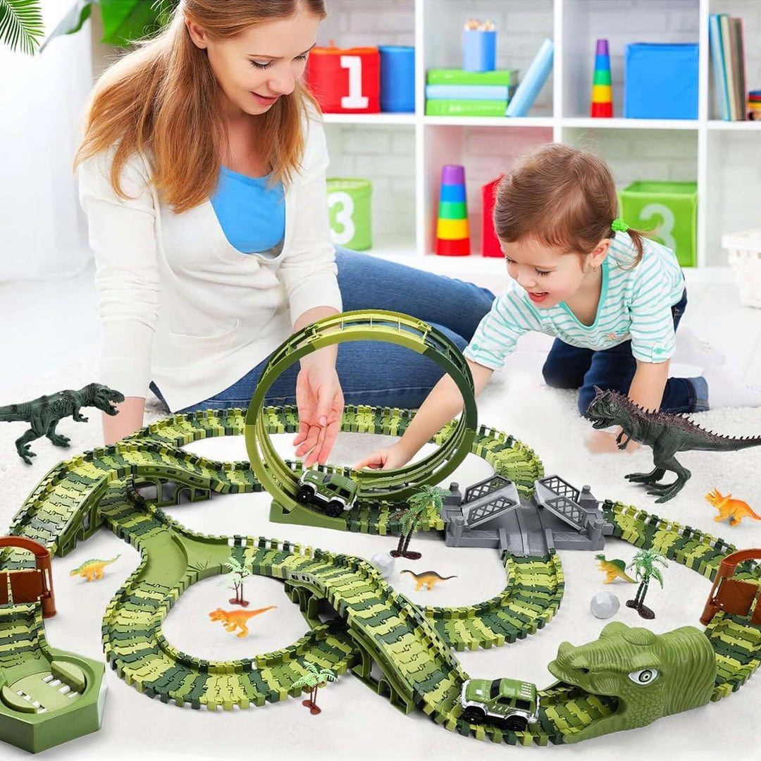 CELMAN Dinosaurier Spielzeug - Flexibles Rennbahn mit viele Teilen und Geländewagen, Autorennbahn Sp