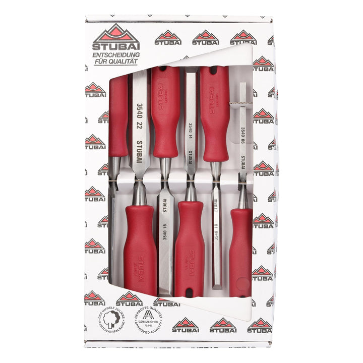 STUBAI 3540 Stemmeisensatz Stechbeitel Set mit rotem Plastikgriff &amp; extra langer Klinge, 6-teilig (6