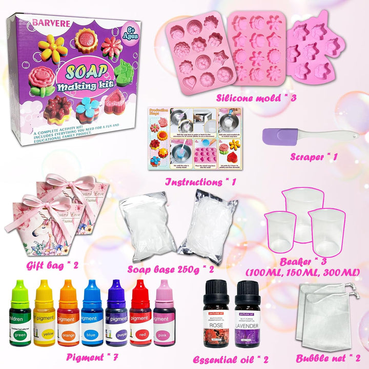 BARVERE Seife Selber Machen Kinder, 500g Seife, 19 Formen, 7 Pigment, 2 Essentielle Öle, 2 Geschenkt