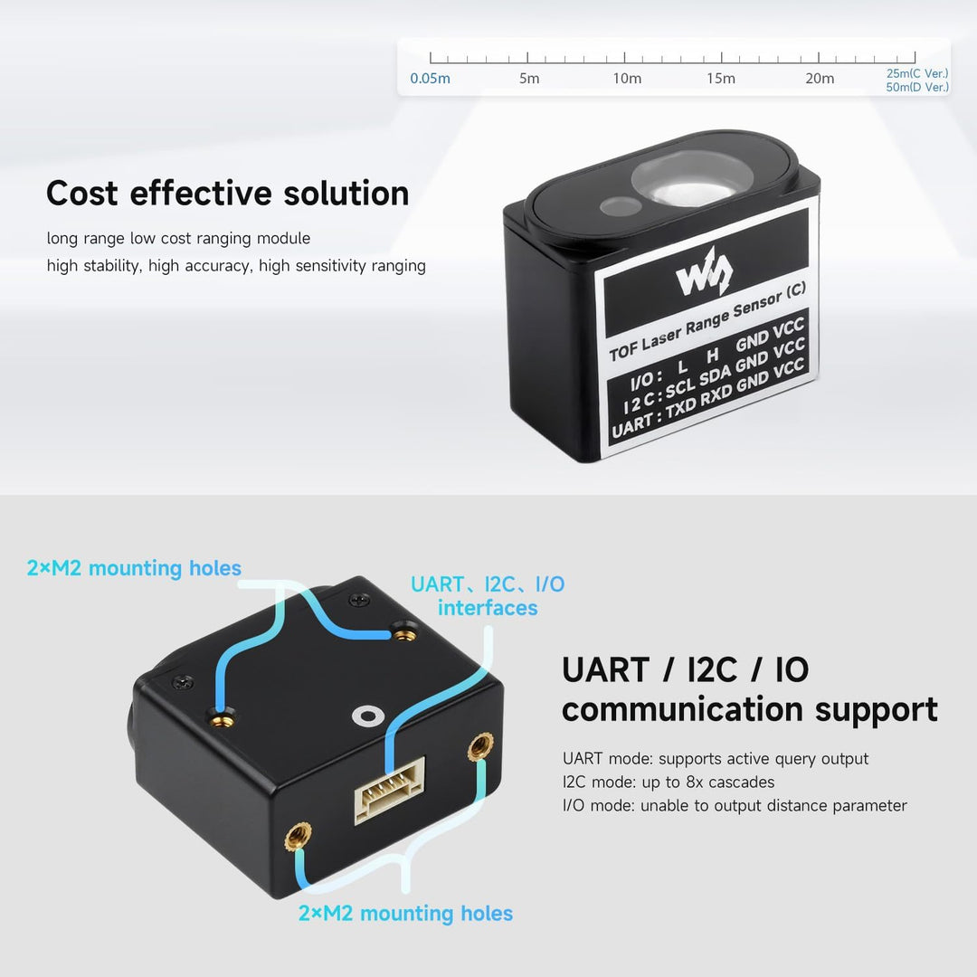 Waveshare TOF (time of Flight) Laser Range Sensor, UART / I2C / IO Communication Support, 50m Measur