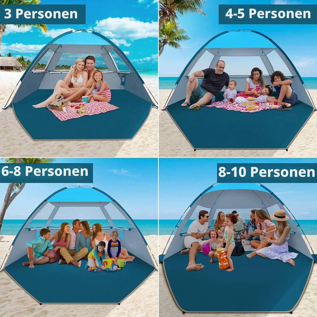 COMMOUDS Strandmuscheln für 8-10 Personen, Tragbarer Strandzelt mit UV-Schutz 50+, Familie Sonnenzel