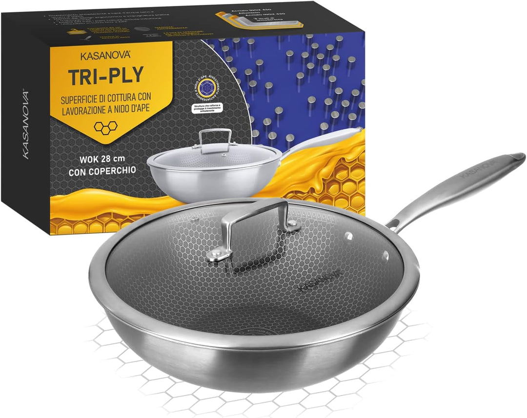 Kasanova Dreilagiger Wok 28 cm mit 3-lagigem Deckel, Neutrum