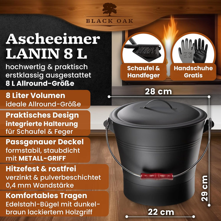 BLACK OAK Ascheeimer LANIN 8L - Asche-Eimer schwarz mit Deckel &amp; Holz-Griff DUNKEL + Feger + Schaufe