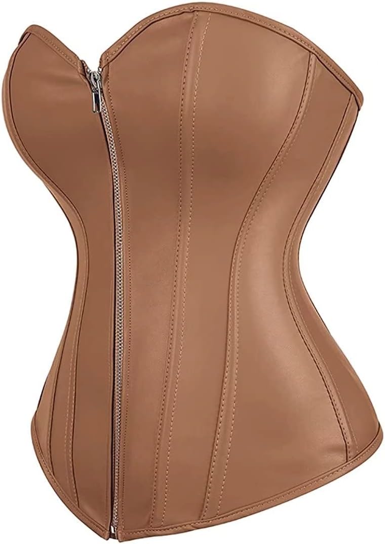 Josamogre Leder Korsett Top Damen Corsage Reissverschluss Sexy 5XL Brown, 5XL Brown