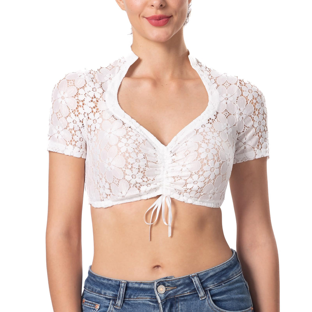 Dirndlbluse Damen Schlicht,Kurzarm Dirndl Bluse Creme Spitze 42 Creme-11, 42 Creme-11