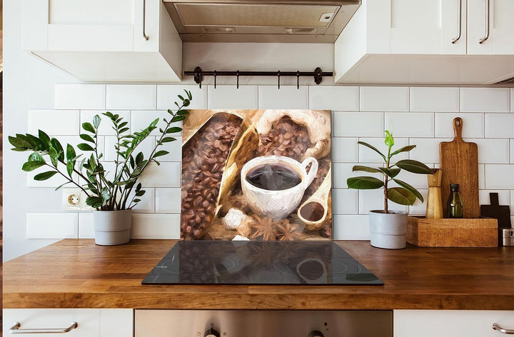 Kaffeebohnen Herdabdeckplatte &amp; Spritzschutz aus Echtglas | Für Herd-Kochfelder | 60x52 cm