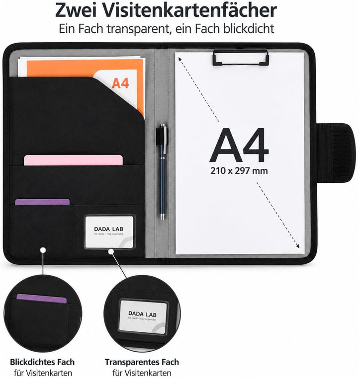 A4 Klemmbrett Mappe mit Dokumentenfach, Stifthalter &amp; Klettverschluss