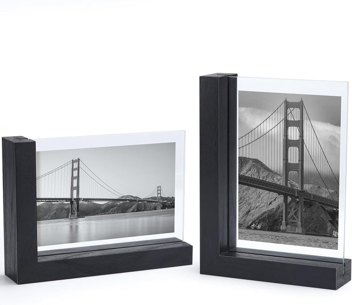 RLAVBL 2er Set Schwarze Bilderrahmen 10x15 cm, Doppelseitiger Glasbilderrahmen mit L-förmigem MDF-So
