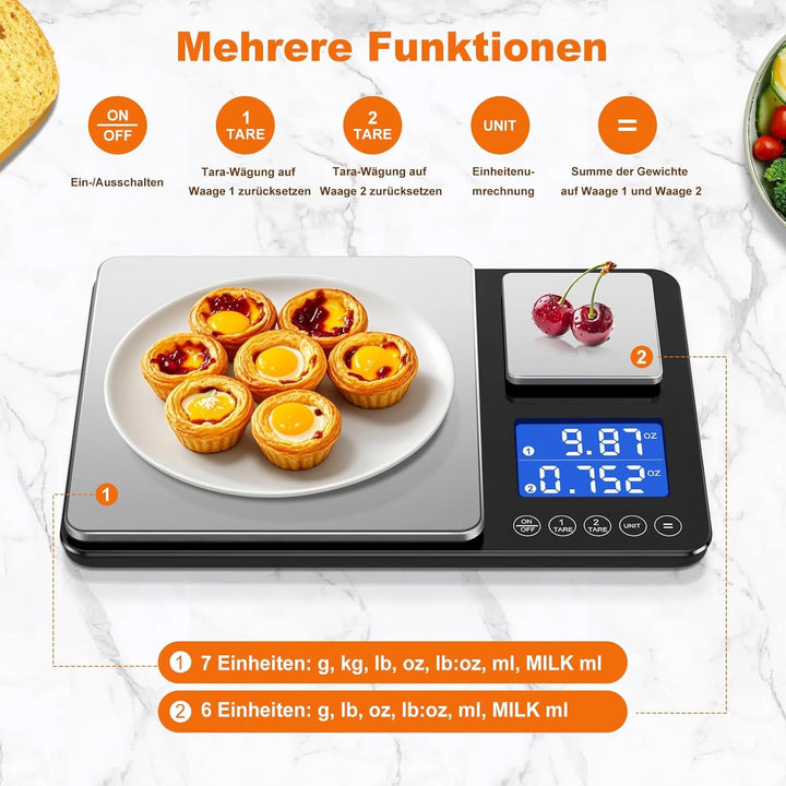 Küchenwaage Digital,Digitale KüChen mit 2 Plattformen 15kg/1g &amp; 500g/0.01g Feinwaage mit 7/6 Einheit