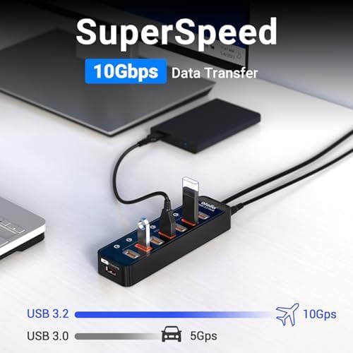 atolla Aktiver USB 3.2 Gen 2 Hub, 8‑Port USB Verteiler mit Netzteil, USB‑C Hub mit 7 USB‑A Anschlüss