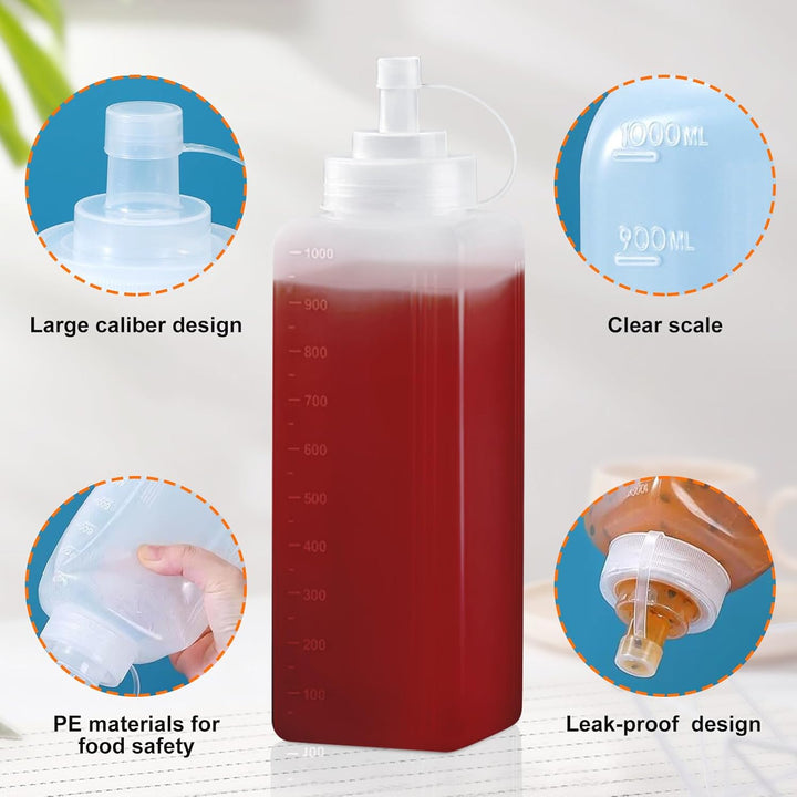 3 Stück Plastik Squeeze Flasche: 1000ML Breiter Mund Quetschflasche Mit Kappen, Transparent Kein Lec