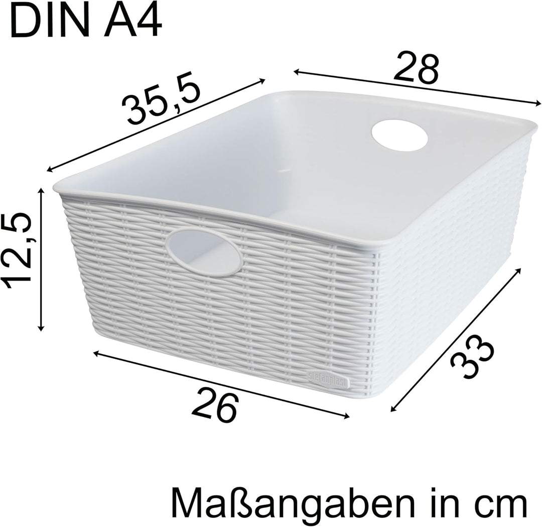 6x Aufbewahrungskorb 12cm WEIss Rattan-Optik 35x28x12cm DINA4 Kunststoff 6 Weiss - Grösse L hoch - D