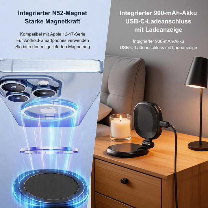 Magnetisches Selfie Licht mit Spiegel, Handy Licht 900mAh, 360° LED Ring Fülllicht kompatibel mit iP