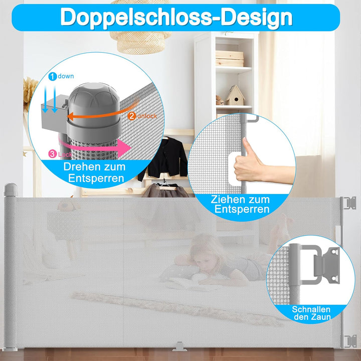 Treppenschutzgitter Ausziehbar 0-180cm Grau, Treppenschutzrollo Türschutzgitter für Babys und Hausti