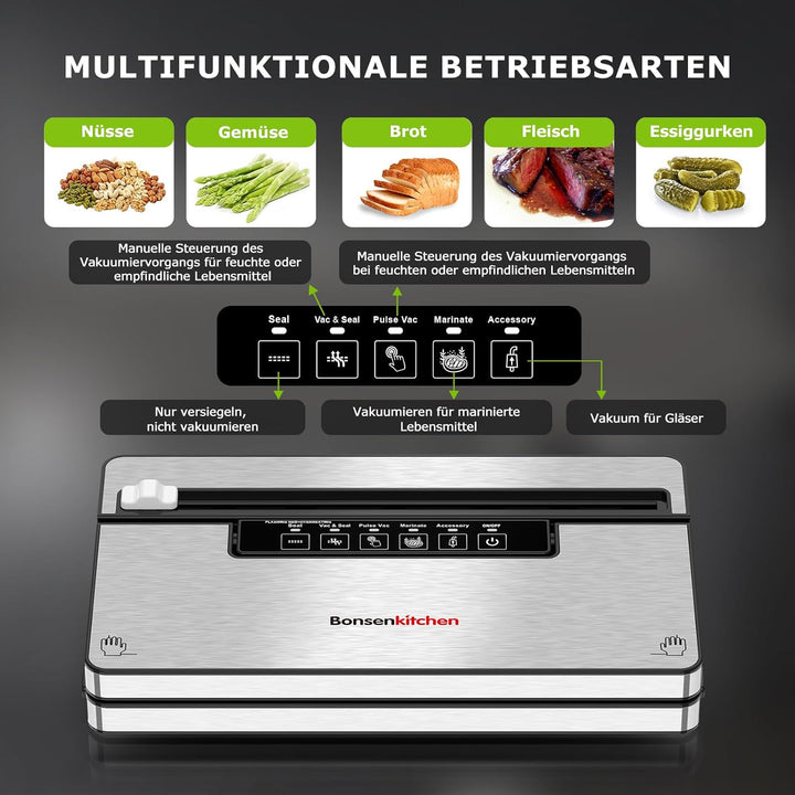 Bonsenkitchen Vakuumierer, Stark Vakuumiergerät mit 5 Modi, 8 L/Min, Globefish-Technologie für Konti