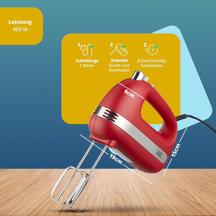 KHG Handmixer 400 W mit 5 Geschwindigkeiten, Edelstahl-Quirle &amp; -Knethaken