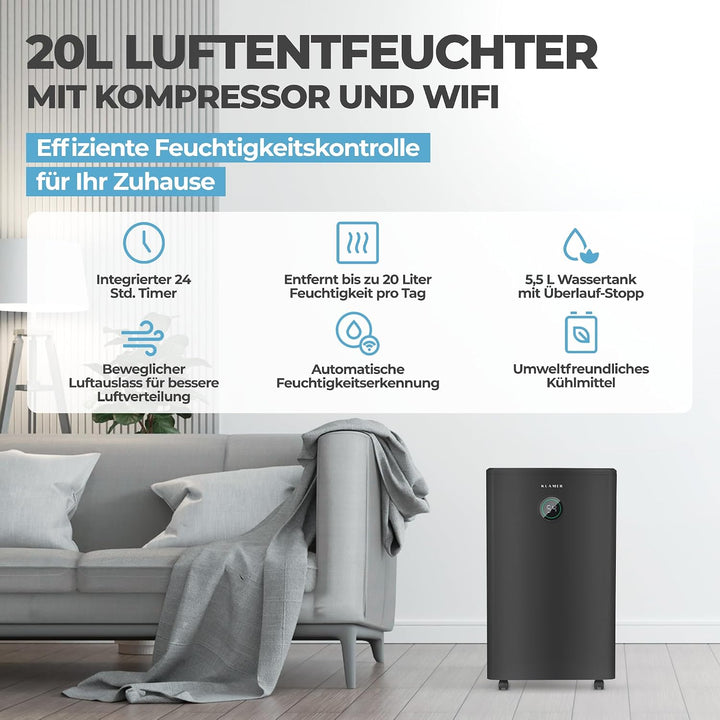 KLAMER Luftentfeuchter elektrisch 20L, WiFi App, HEPA Filter, 440W 20L - 60m² mit Wifi Schwarz, 20L