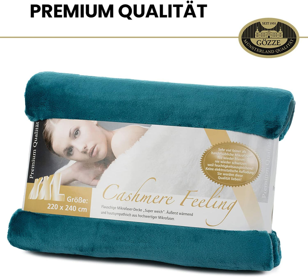 Gözze - Premium Cashmere-Feeling Wohn- und Kuscheldecke, 500 g/m², 220 x 240 cm - Petrol Petrol 220