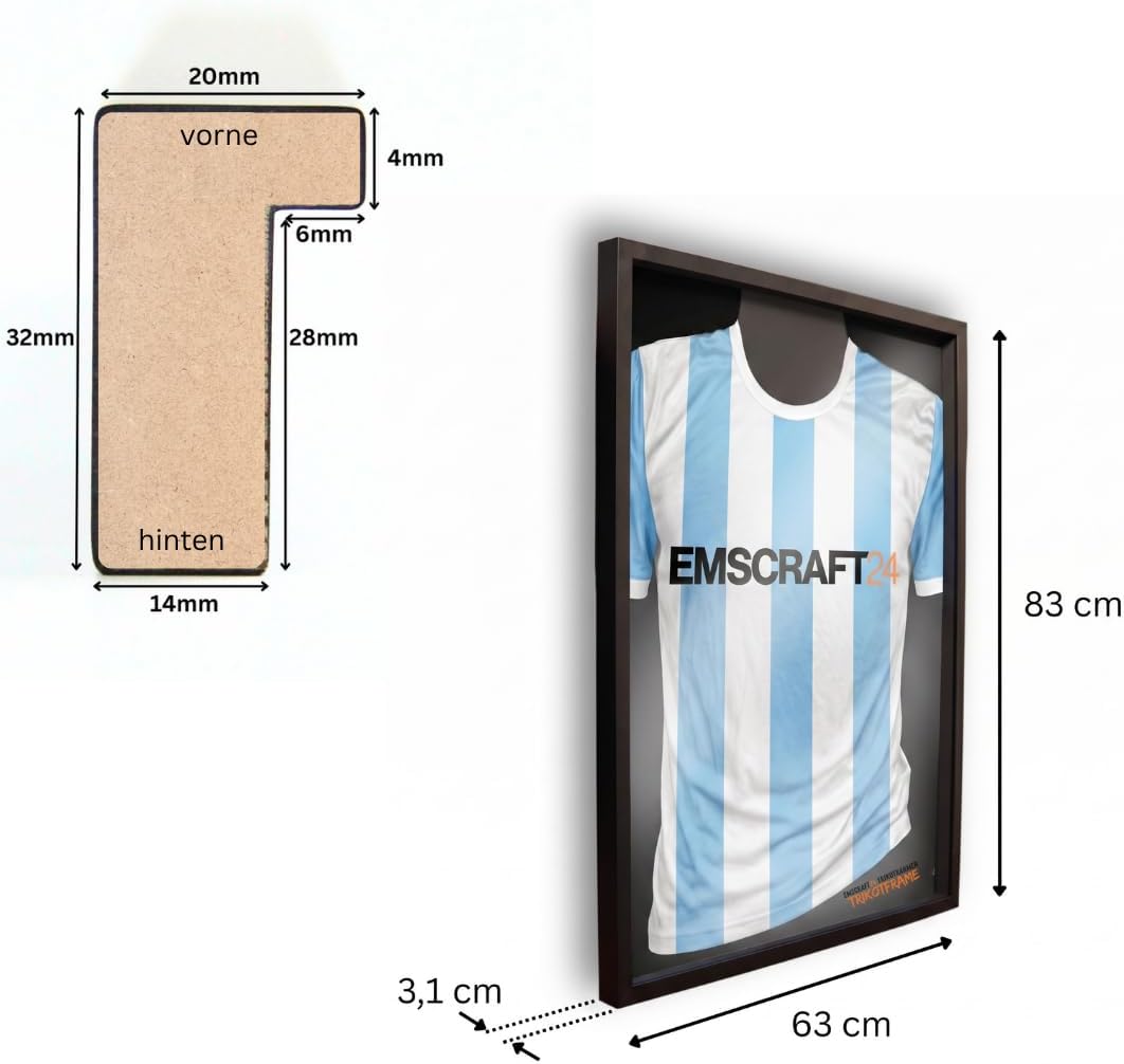 Trikotrahmen 63x83 cm mit Trikot Bügel Schablone TrikotFrame | Bilderrahmen schwarz MDF-Holz mit Acr
