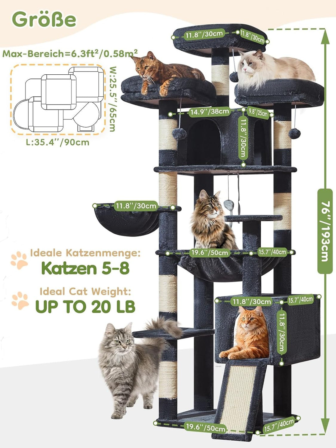 Taoqimiao 193CM Kratzbaum Gross XXL, Katzenbaum Katzenbaum Grosse Katzen Stabil Katzenkratzbaum mit