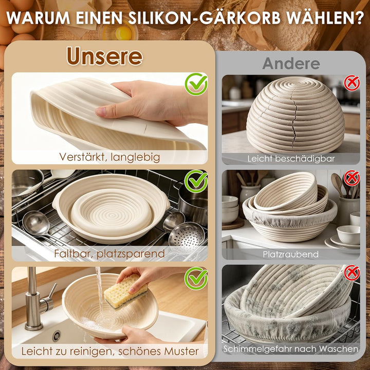 Gärkörbchen Rund, 23cm Gärkorb Set Silikon Proofing Basket Brotkörbchen Brotform mit Leinen, Schaber
