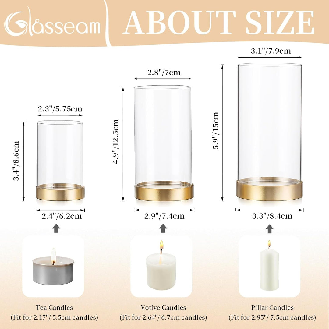 Glasseam Gold Windlicht Glas: 3er Set Gross Kerzenständer mit Glaszylinder Gold+klar 3, Gold+klar 3
