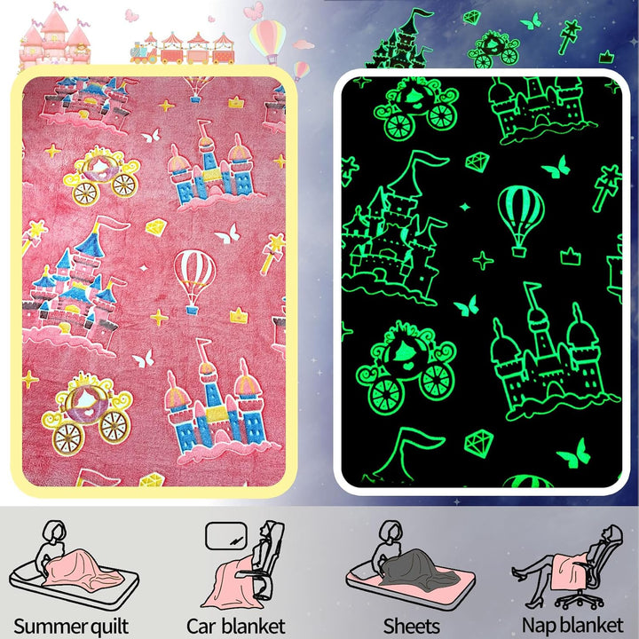 Kuscheldecke Kinder 150x200cm, Ballonschloss Glow in The Dark Decke,Weich Wärme，Kuscheldecke Rosa fü