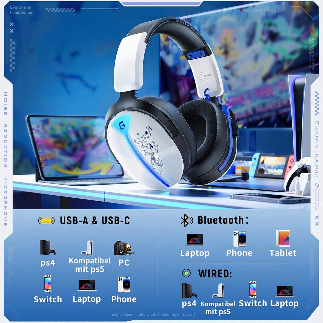 Gaming Headset Wireless, Headset mit Mikrofon für ps5 ps4, PC, Switch, Bluetooth 5.3, 7.1 Surround S