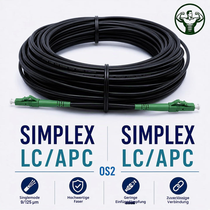 Elfcam® - 50m Gepanzerte Glasfaserkabel LC/APC auf LC/APC Stecker, Simple Singlemode 9/125μm OS2 Pat
