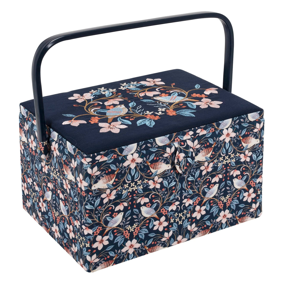 Hobby Gift Grosses Nähkästchen – bestickter Baumwollstoff mit Vögeln in Blumen, mit Kunststoffgriff,