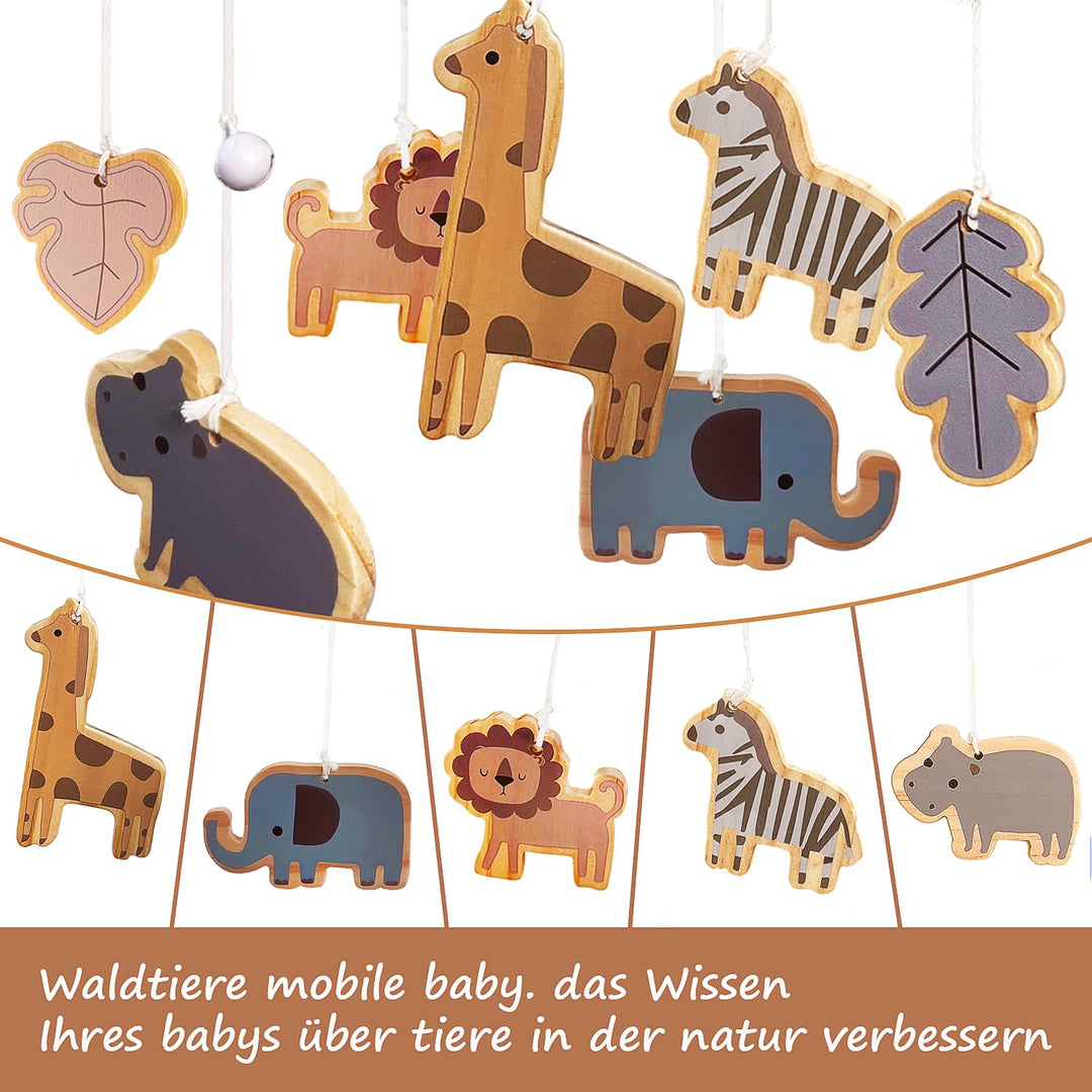Mobile Baby Waldtiere, Holz Baby Mobile babybett spielzeug mit Wollknäuel Giraffe Löwe Elefant, Wind