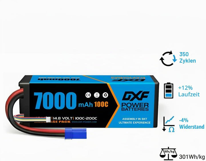 DXF 4S Lipo Batterie 14,8 V 100 C 7000 mAh Hartbatterie mit EC5-Stecker für RC 1/8 und 1/10 Auto RC