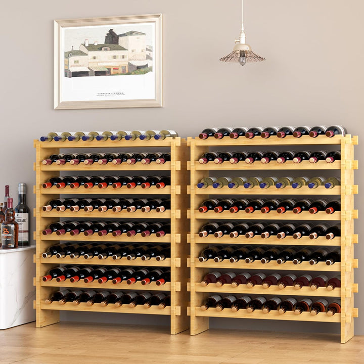 VASMIA Bambus-Weinregal Stapelbar, Freistehendes 72-Flaschen-Weinregal, Ohne Werkzeug Montage, 8-Ebe