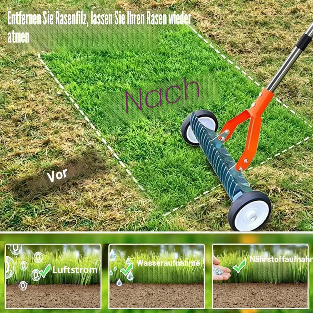 Handvertikutierer mit Rollen, 165cm Vertikutierrechen Garten, Rasenrechen mit Rädern, Laubrechen mit