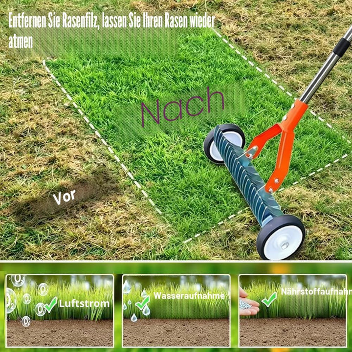 Handvertikutierer mit Rollen, 165cm Vertikutierrechen Garten, Rasenrechen mit Rädern, Laubrechen mit